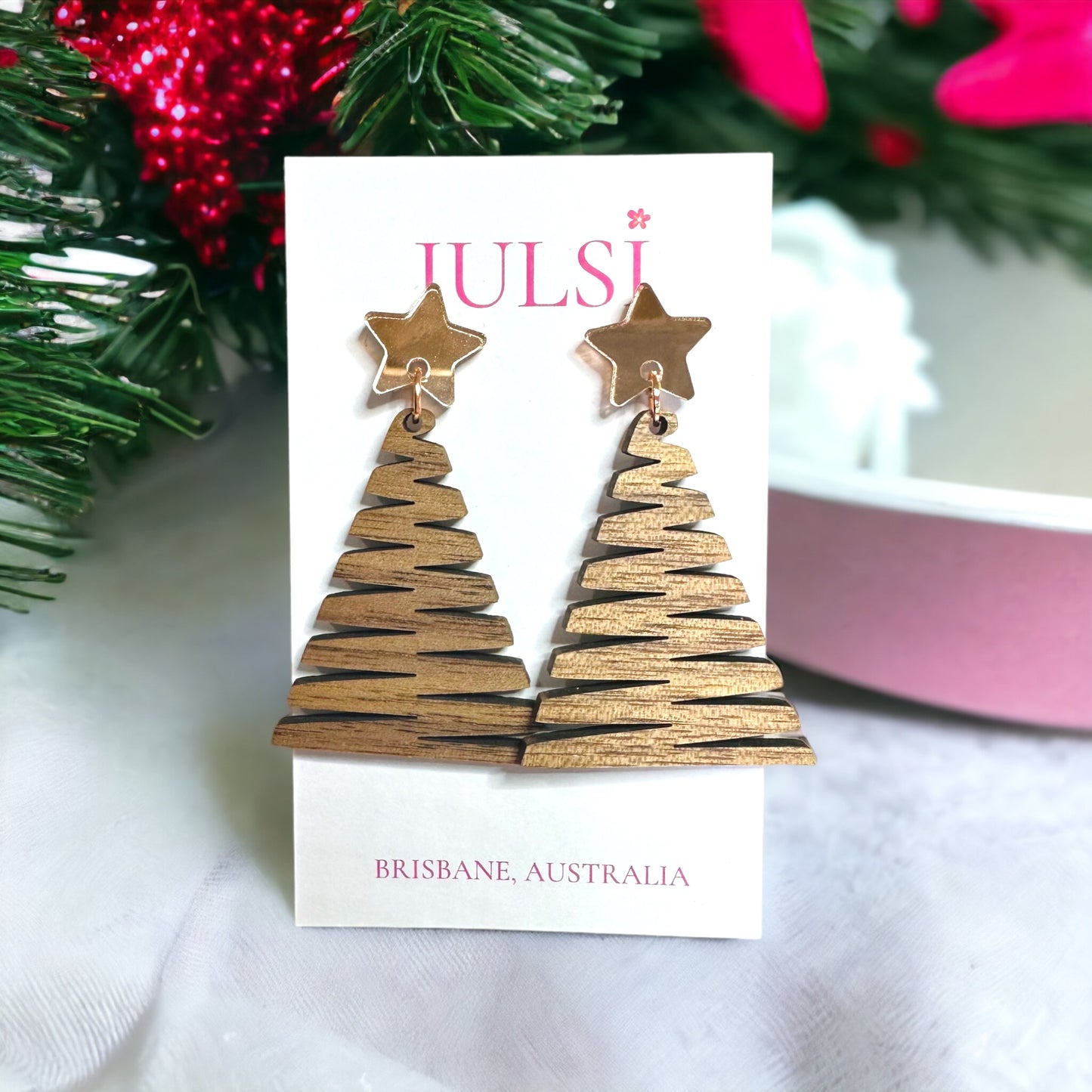 Christmas Earrings - Gold Star Wood Christmas Tree