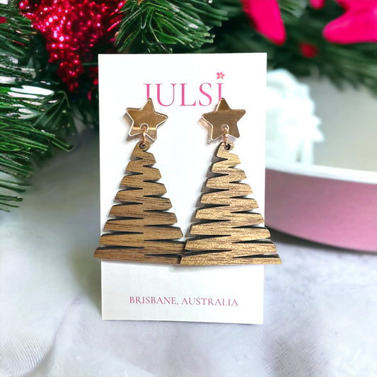 Christmas Earrings - Gold Star Wood Christmas Tree