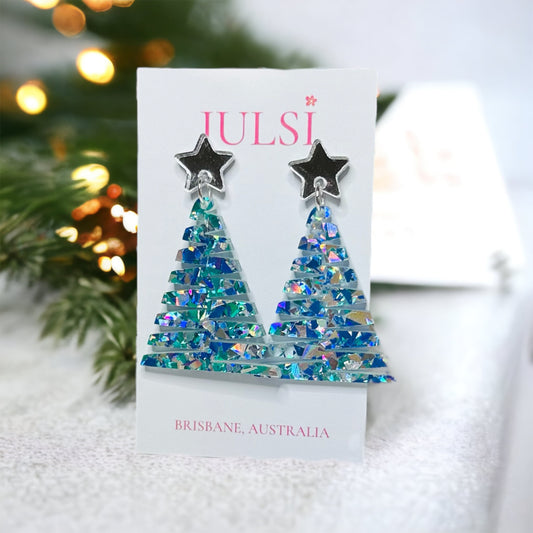 Christmas Earrings - Blue & Green Acrylic Christmas Tree