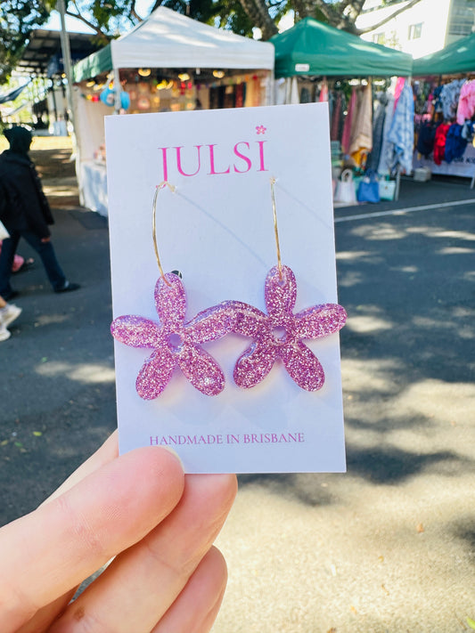 Pink Glitter Flower Hoops
