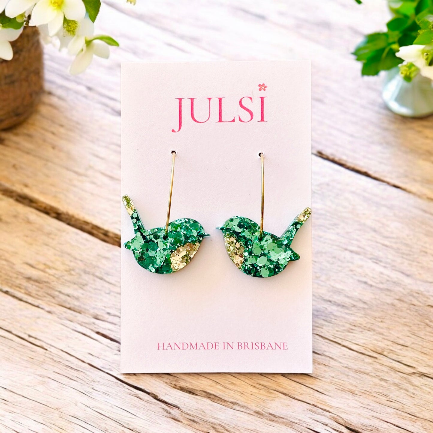 Gold & Green Fairy Wren Hoop Earrings