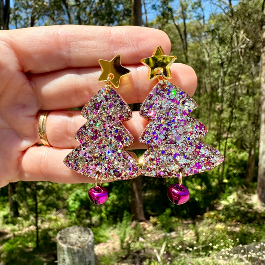 Christmas Tree Earrings - Magenta & Gold