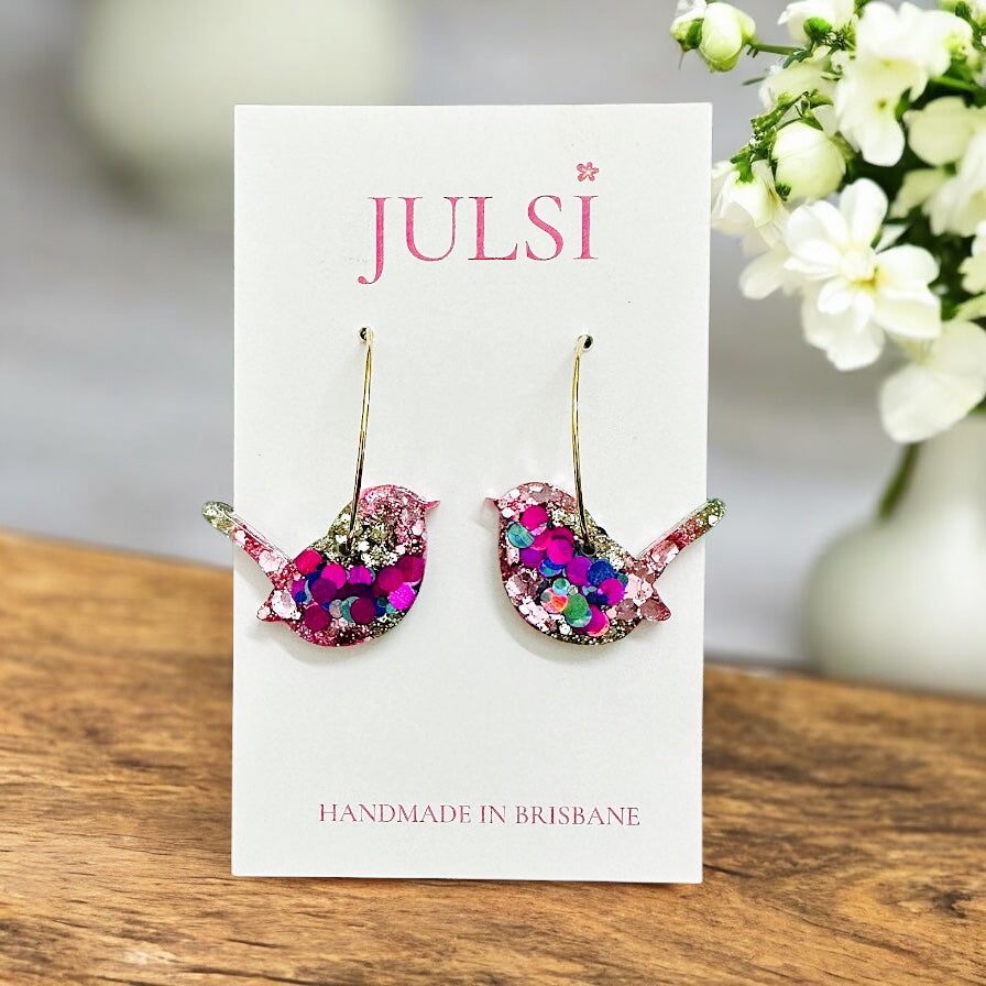 Pink, Purple, Blue & Gold Fairy Wren Hoop Earrings