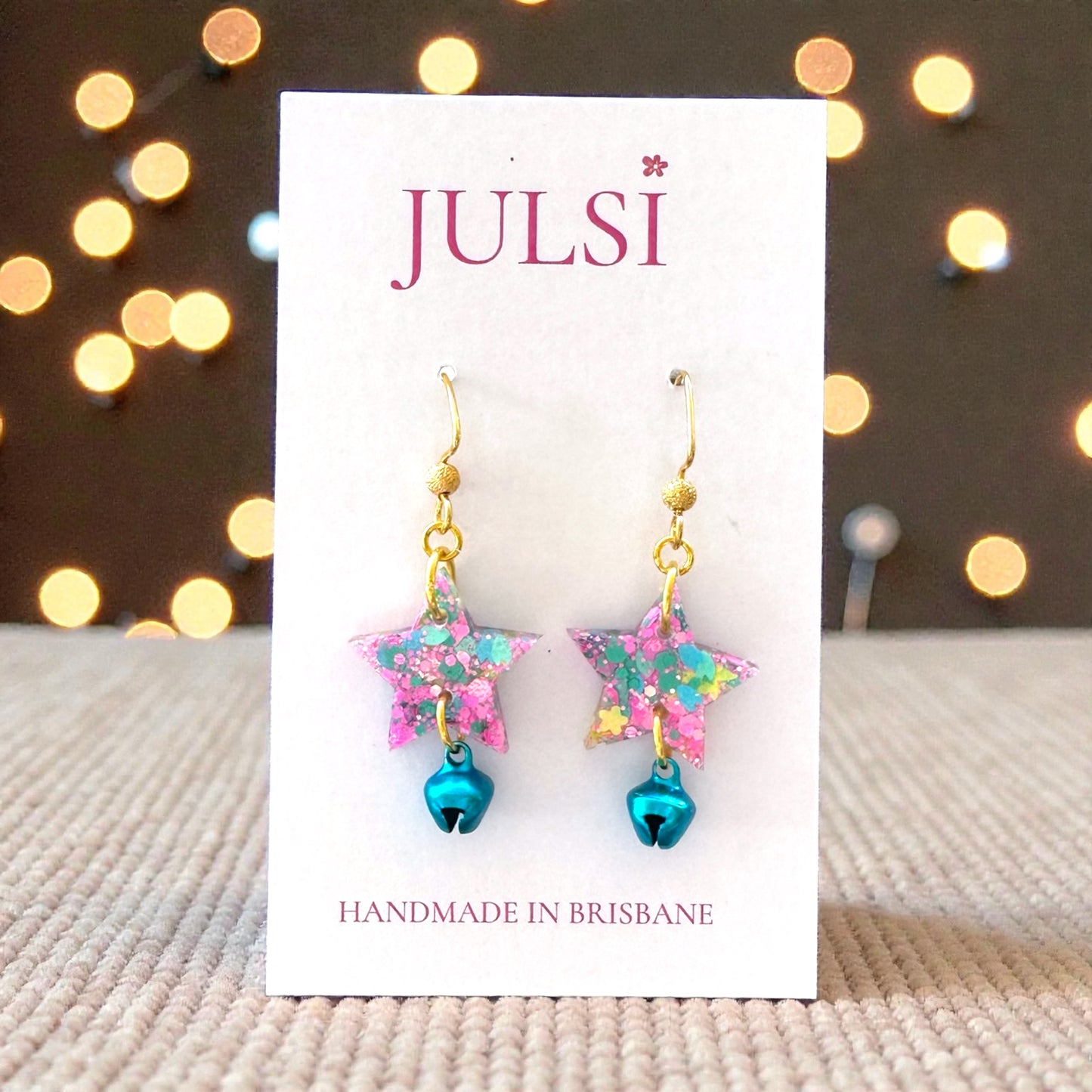 Christmas Stars with Bells - Blue & Pink