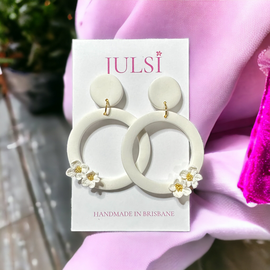 White Hoops with Delicate Flower Earring